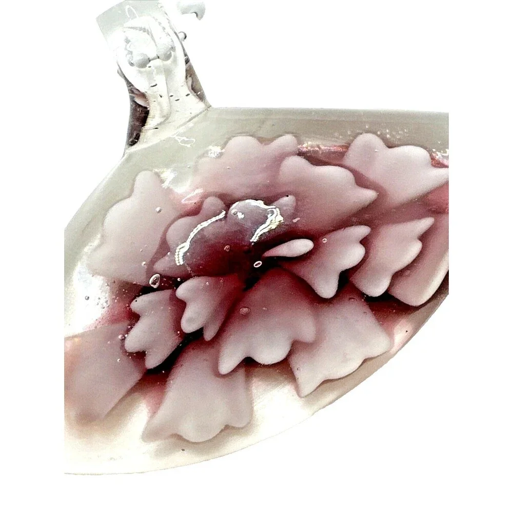 Artisan Lampwork Glass Floral Pendant Necklace Pink Purple Hand Blown 18” Chain